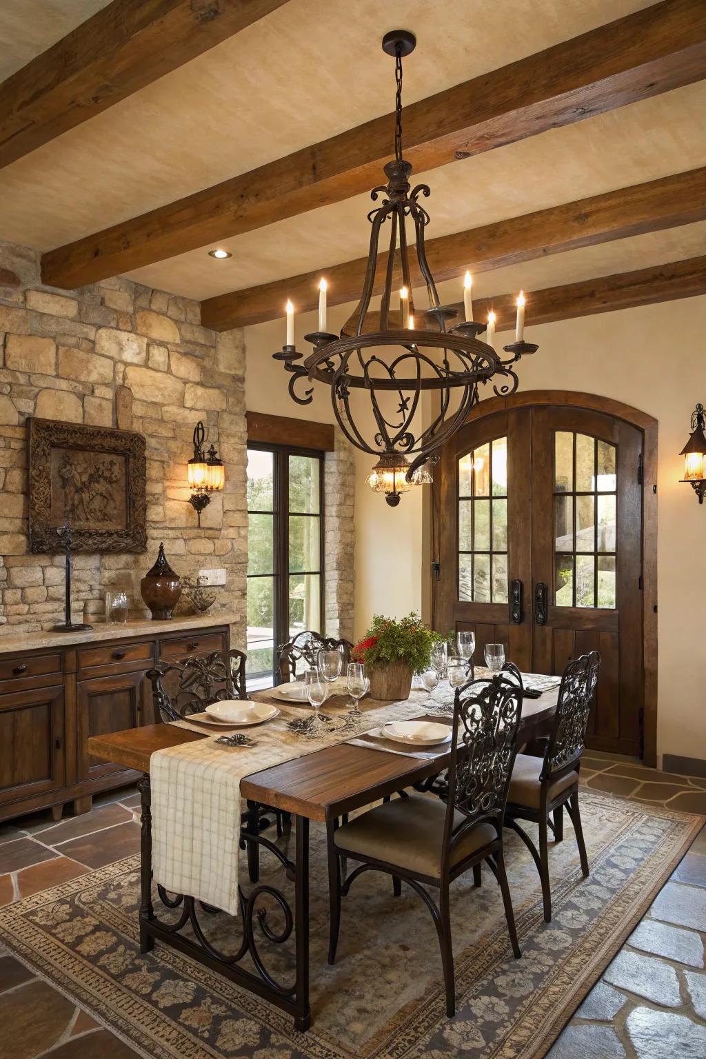 Wrought iron accents add elegance and traditional craftsmanship to this dining room.