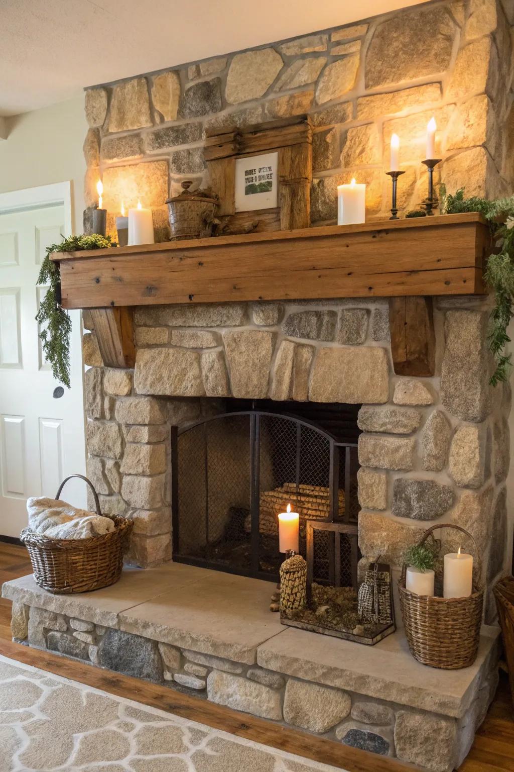 A natural wood mantel complementing a farmhouse fireplace.