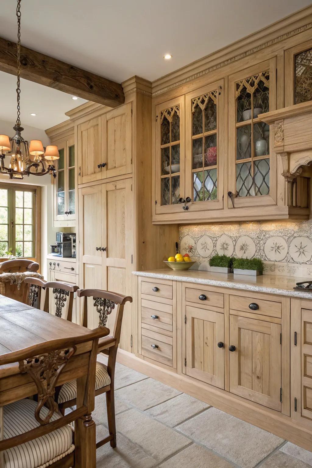 Careful craftsmanship introduces character to pale wood cabinets in a farmhouse-style kitchen.