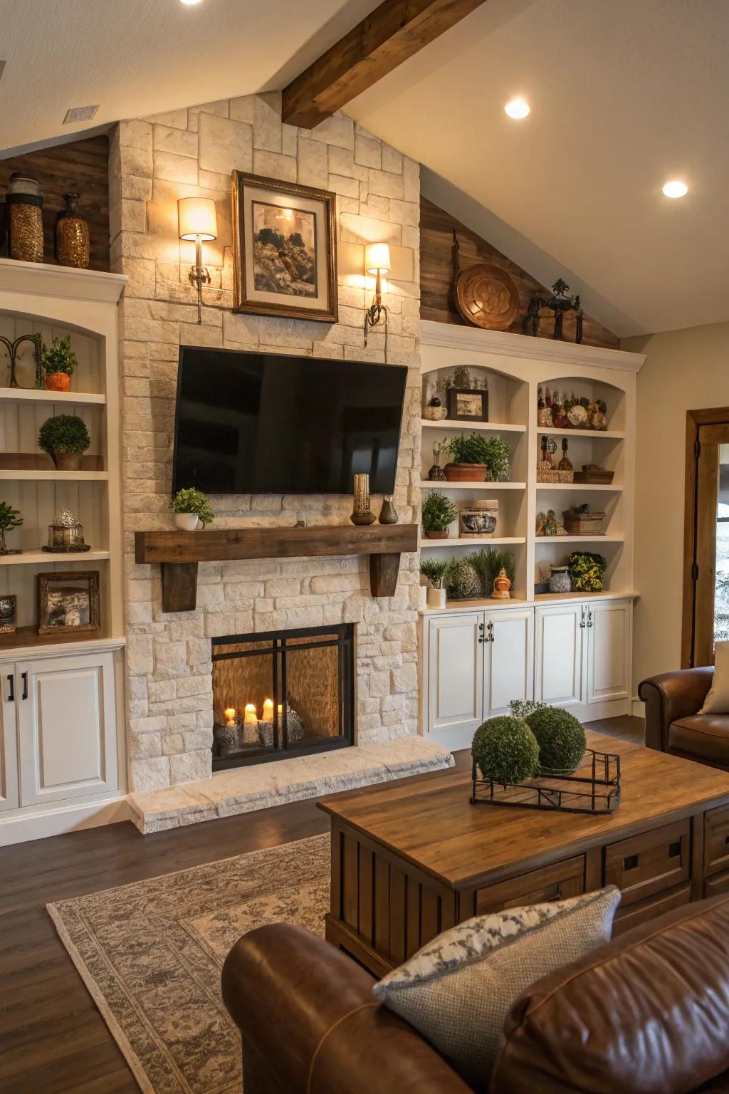 A farmhouse sitting room featuring built-in shelves framing the TV above the mantel.