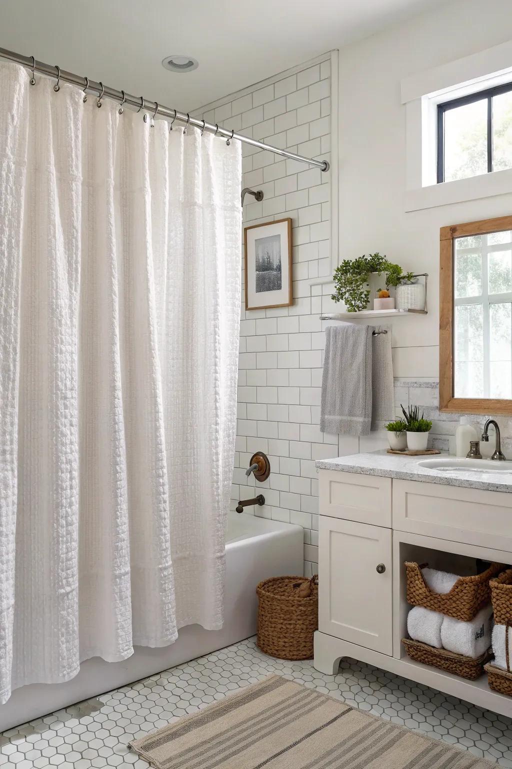 A bright bathroom with a wrinkled weave textile shower drape, ideal for summer.