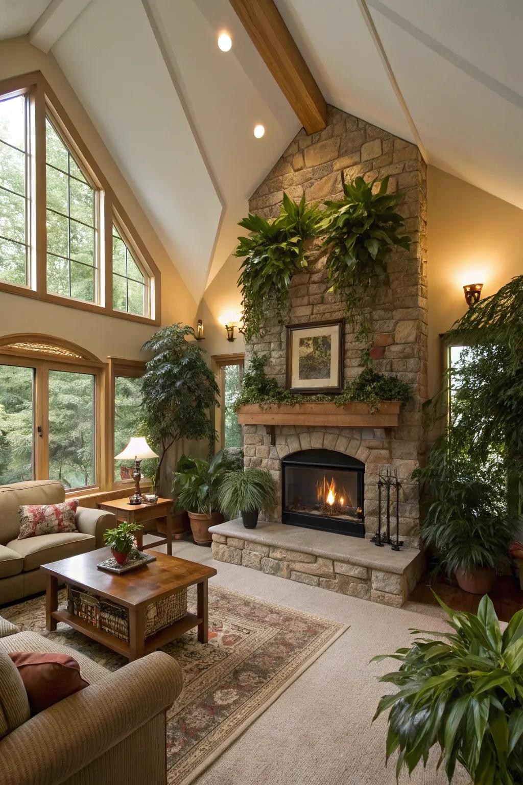 Vegetation surrounding a hearth crafts a natural ambiance.