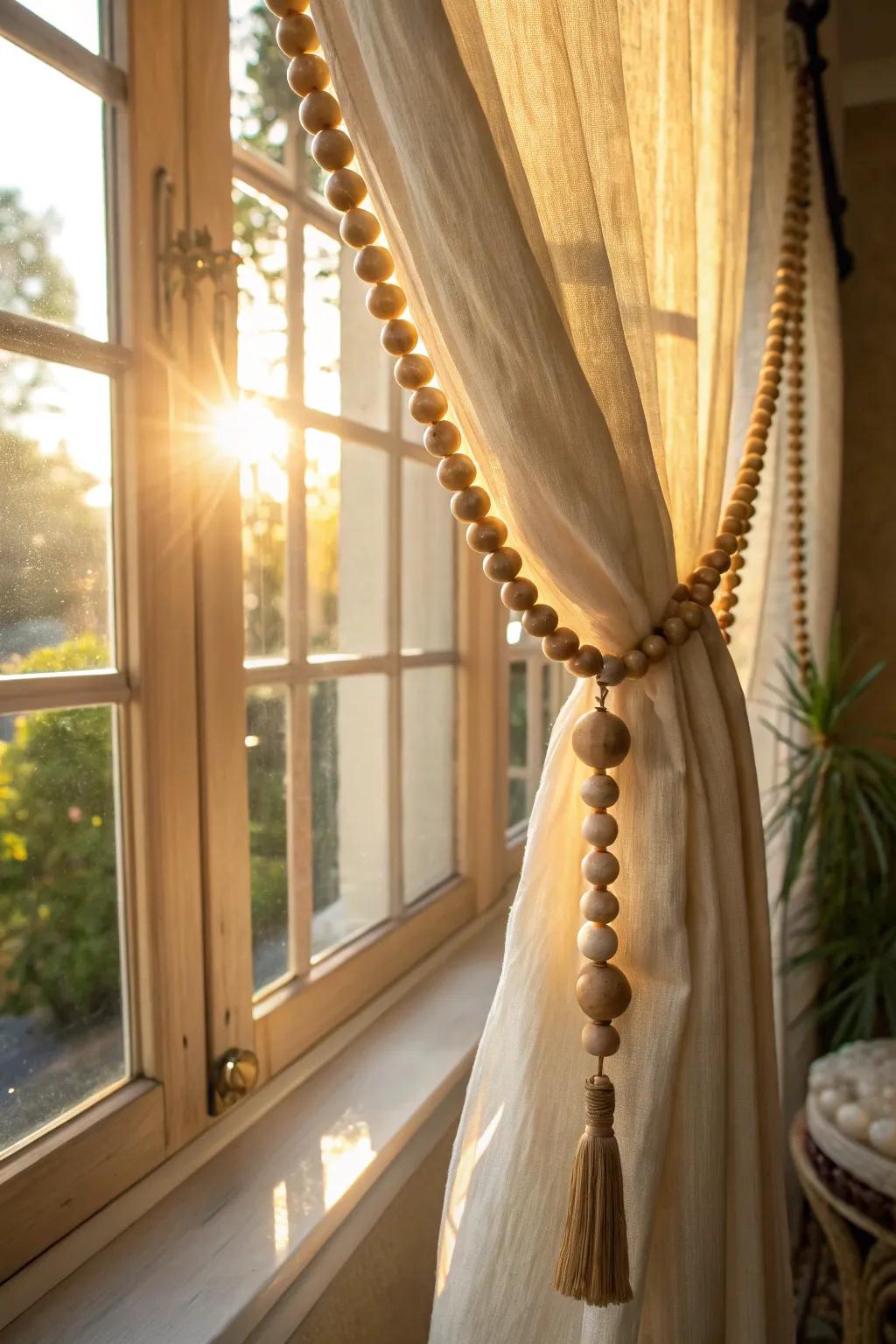 Curtain beautifully tied back with bead strand.