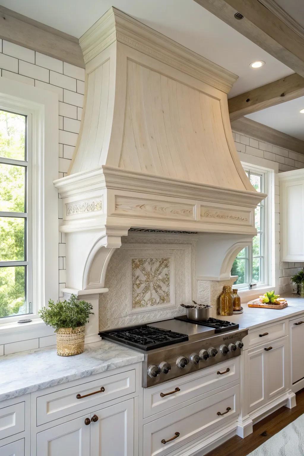A classic white range hood offers timeless elegance.