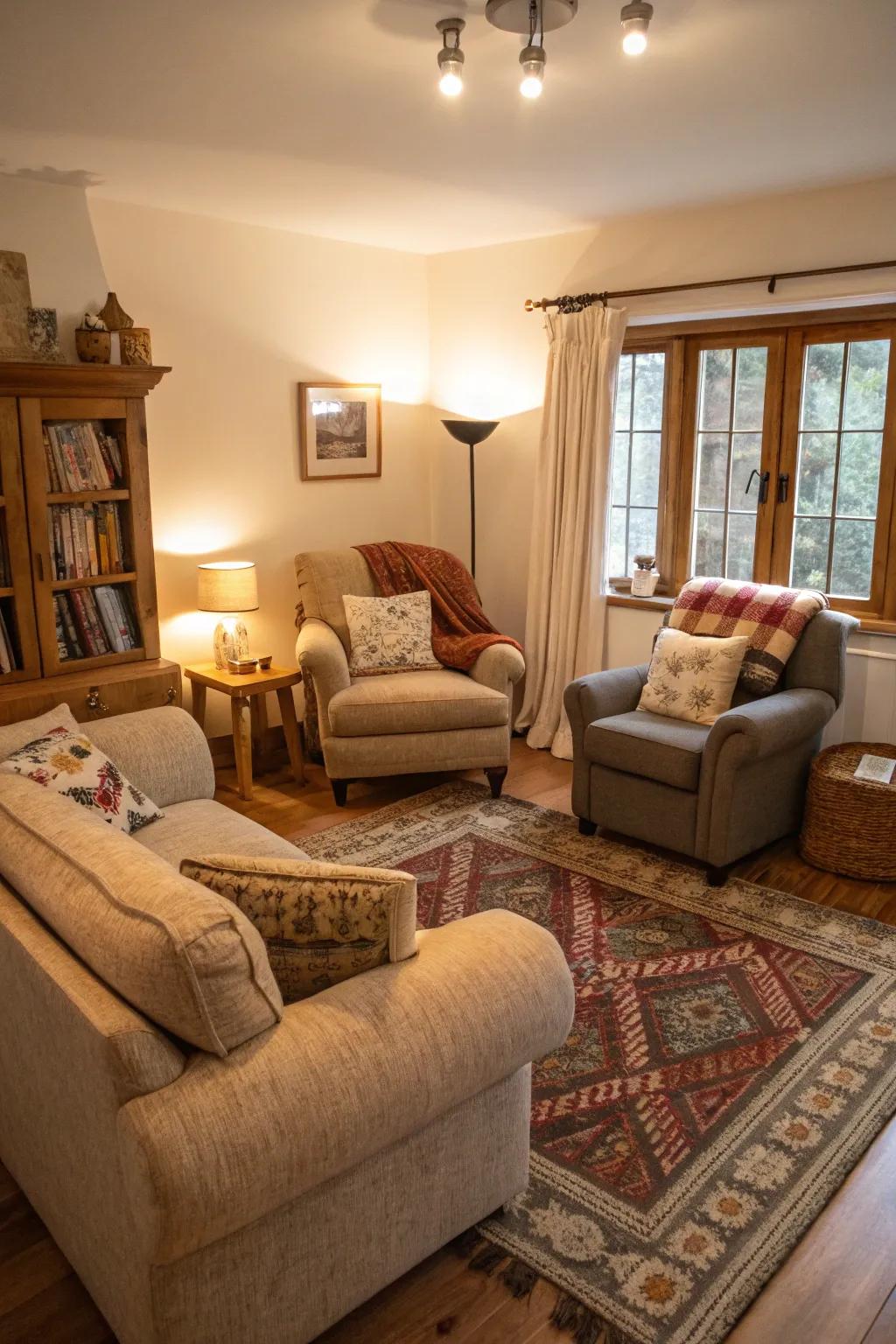 An inviting living area with numerous snug seating spots.