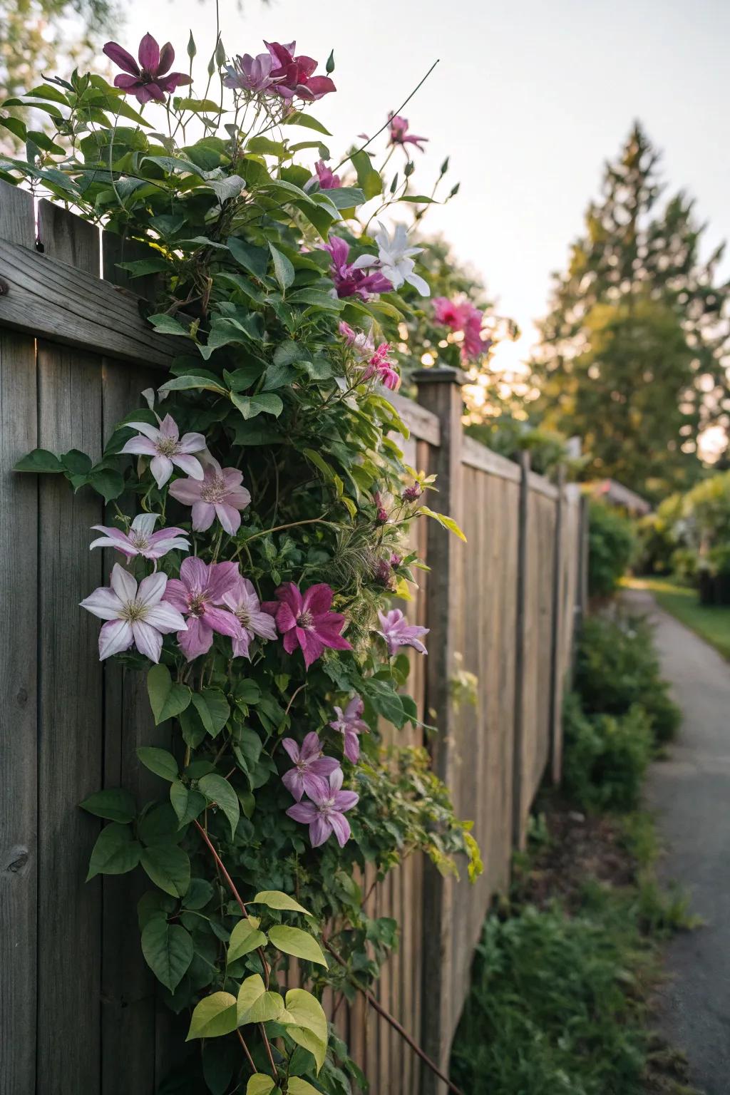 Clematis climbers contribute striking hue and texture to fences.