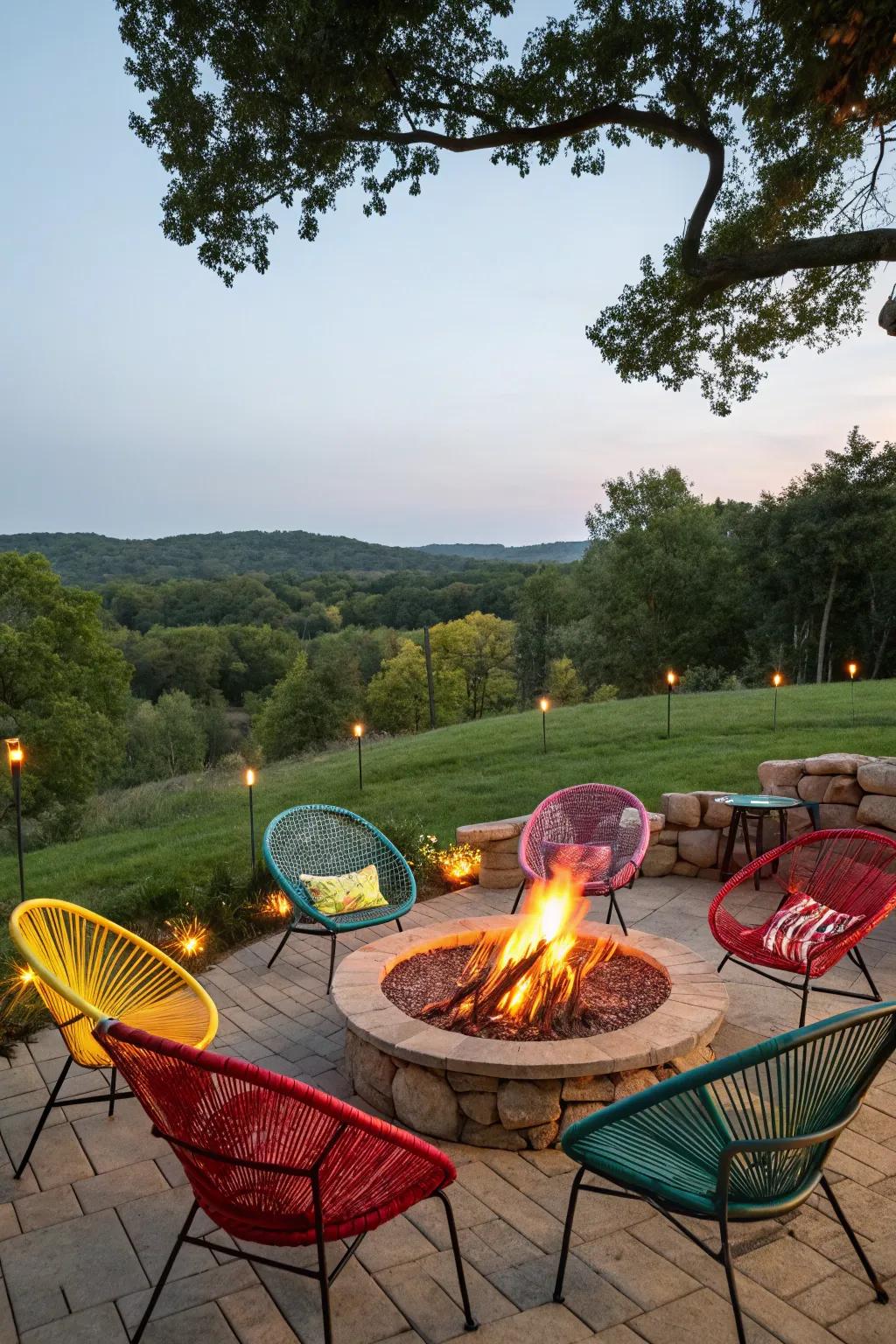 Vibrant woven chairs brighten the fire pit area.
