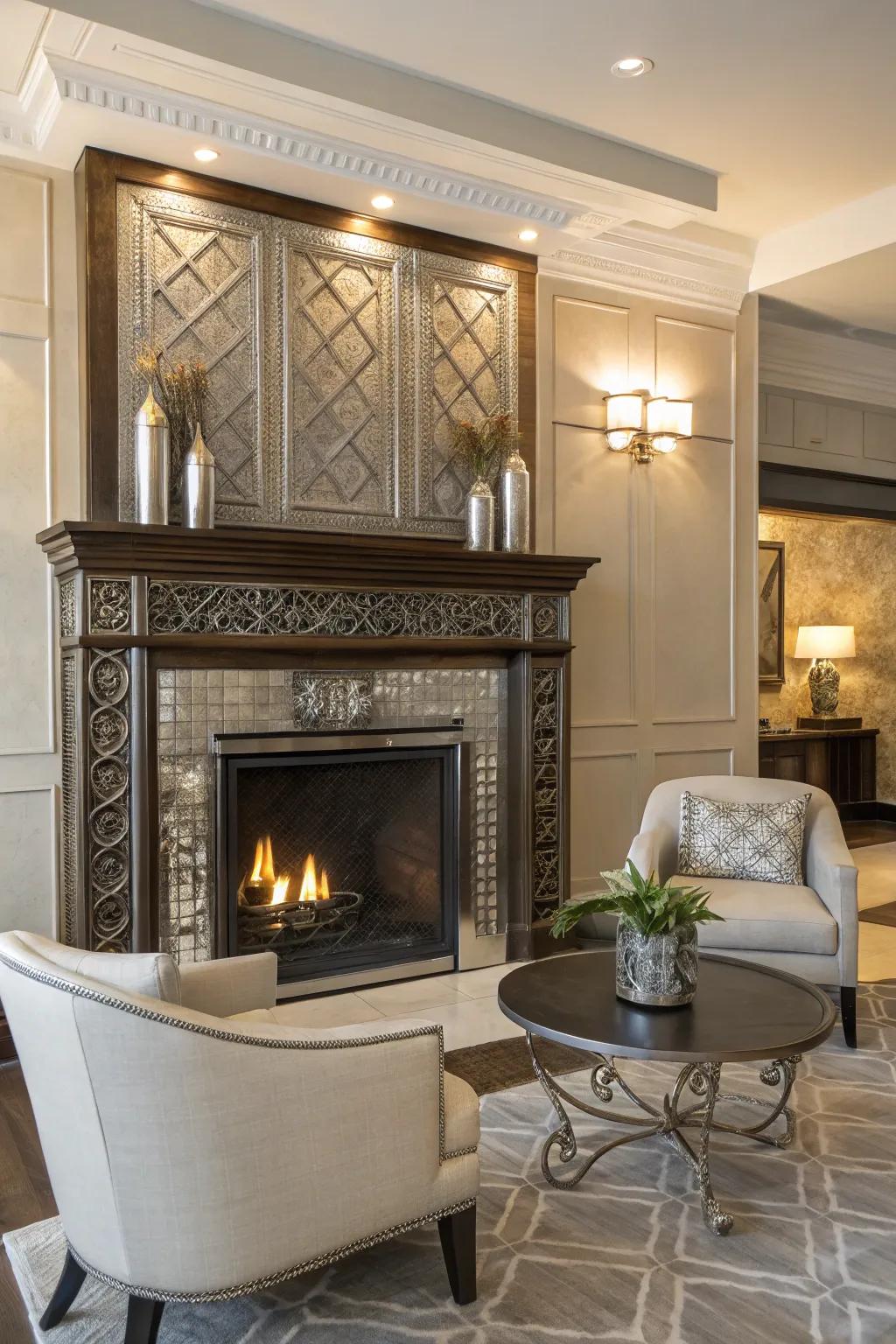 Metallic elements add a hint of glamour to this fireplace.