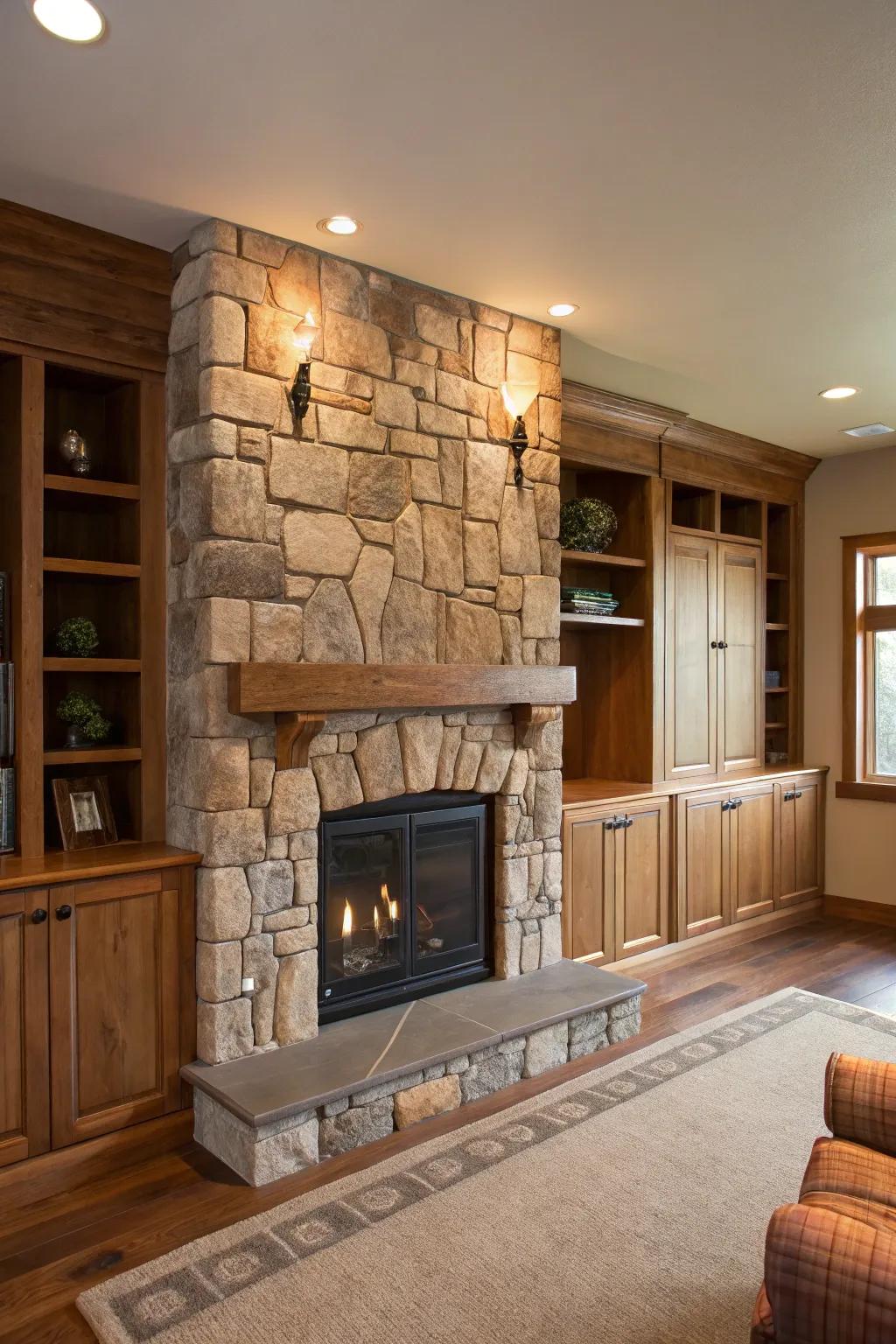 Natural rock and timber create a timeless and organic living space.