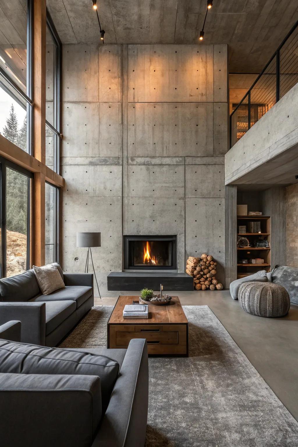 An industrial chic living space showcasing a fireplace with a solid stone frame.