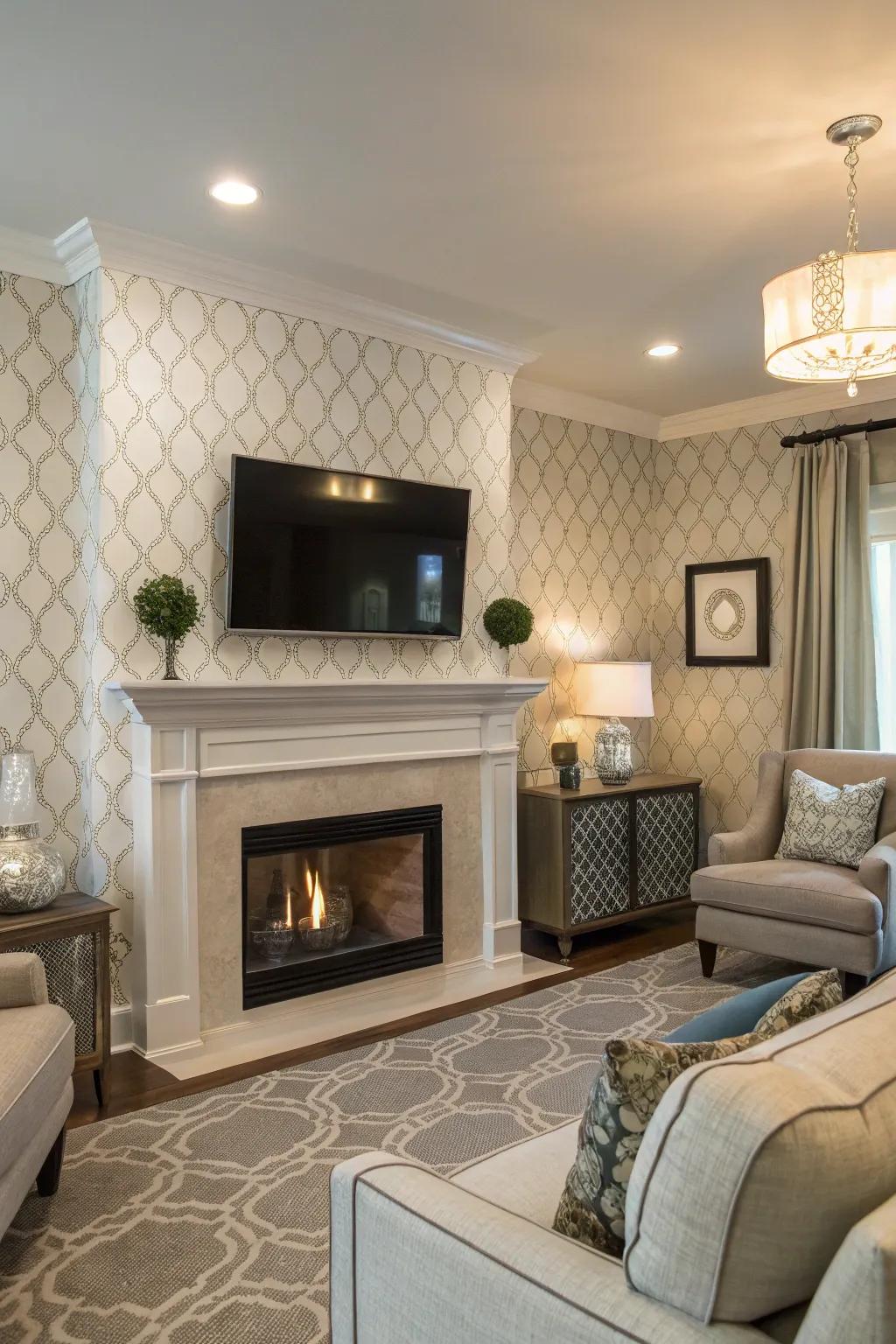 A family room showcasing embossed wallpaper on a fireplace wall together with a TV.