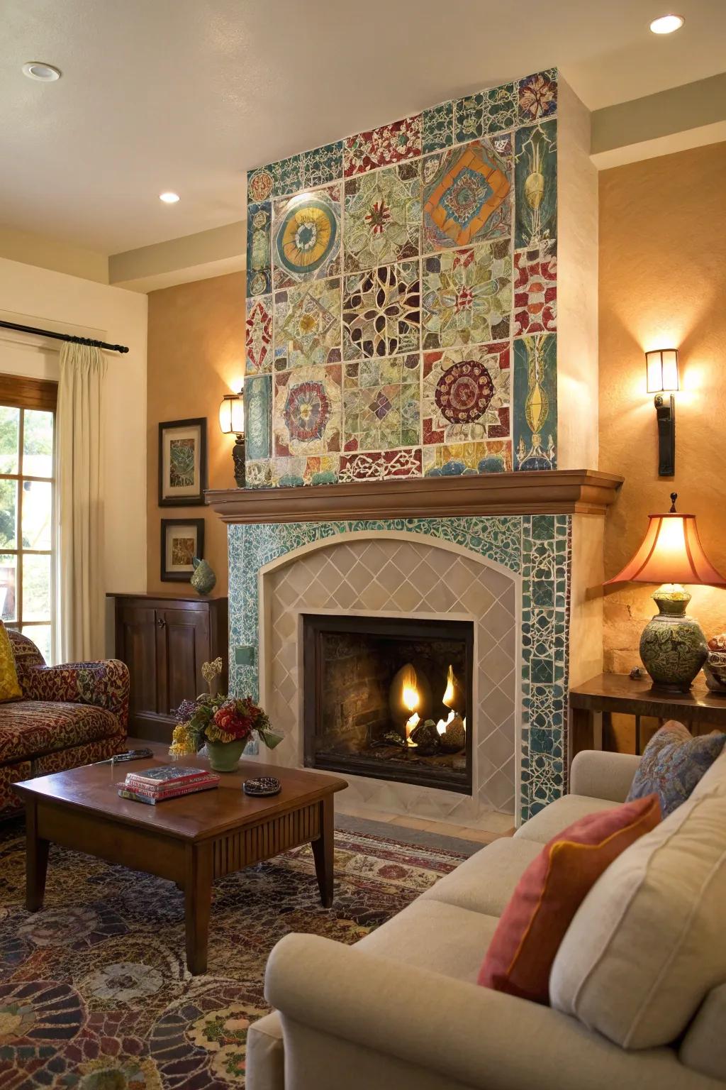 An eclectic tile mosaic enhances the vibrancy of the fireplace wall.
