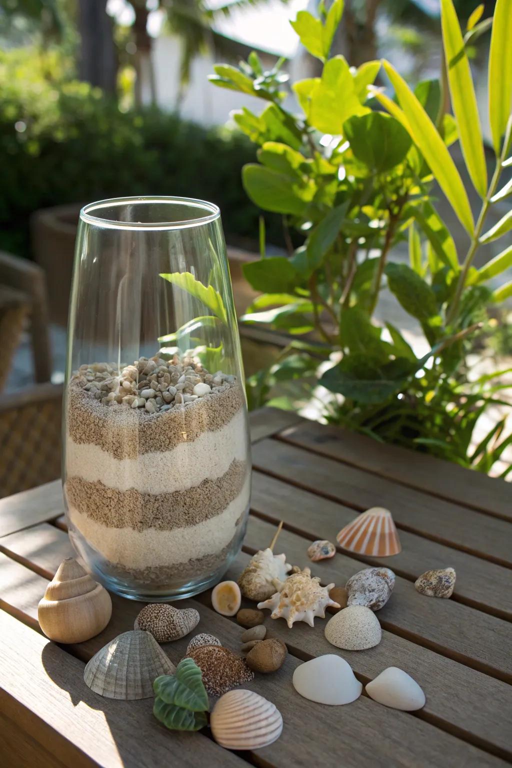 Layered sand and stones create a beach scene.