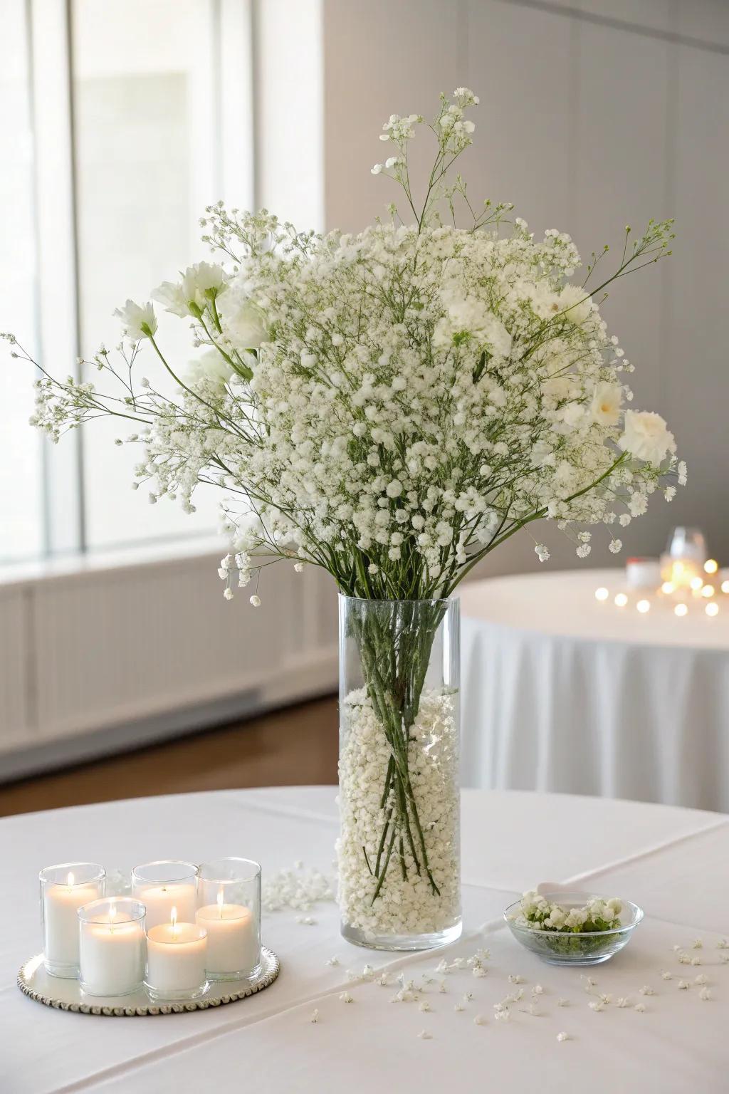 An all-white floral centerpiece with white flowers on a table.