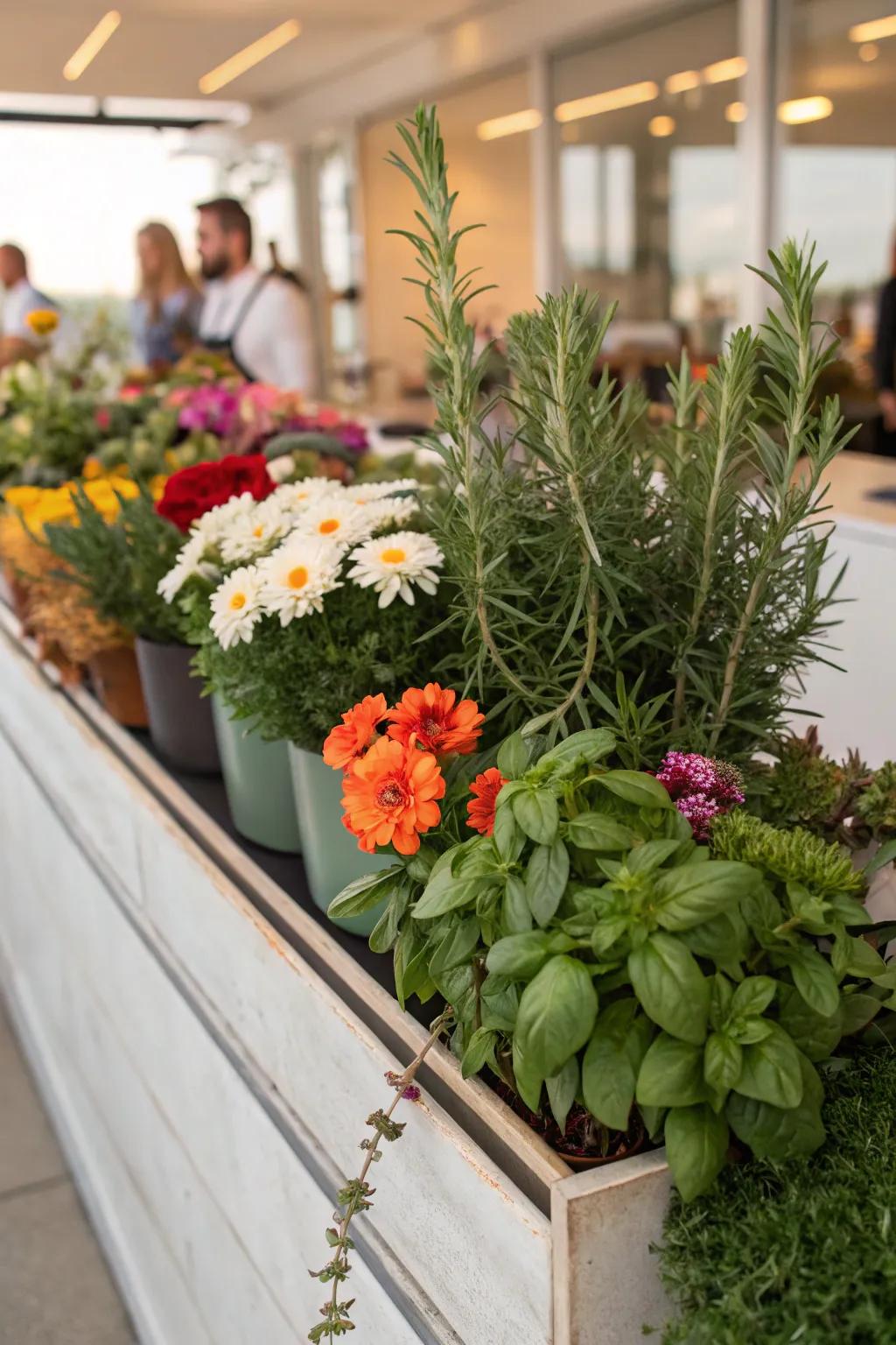 Herbs contribute a fragrant and edible facet to your flower bar.