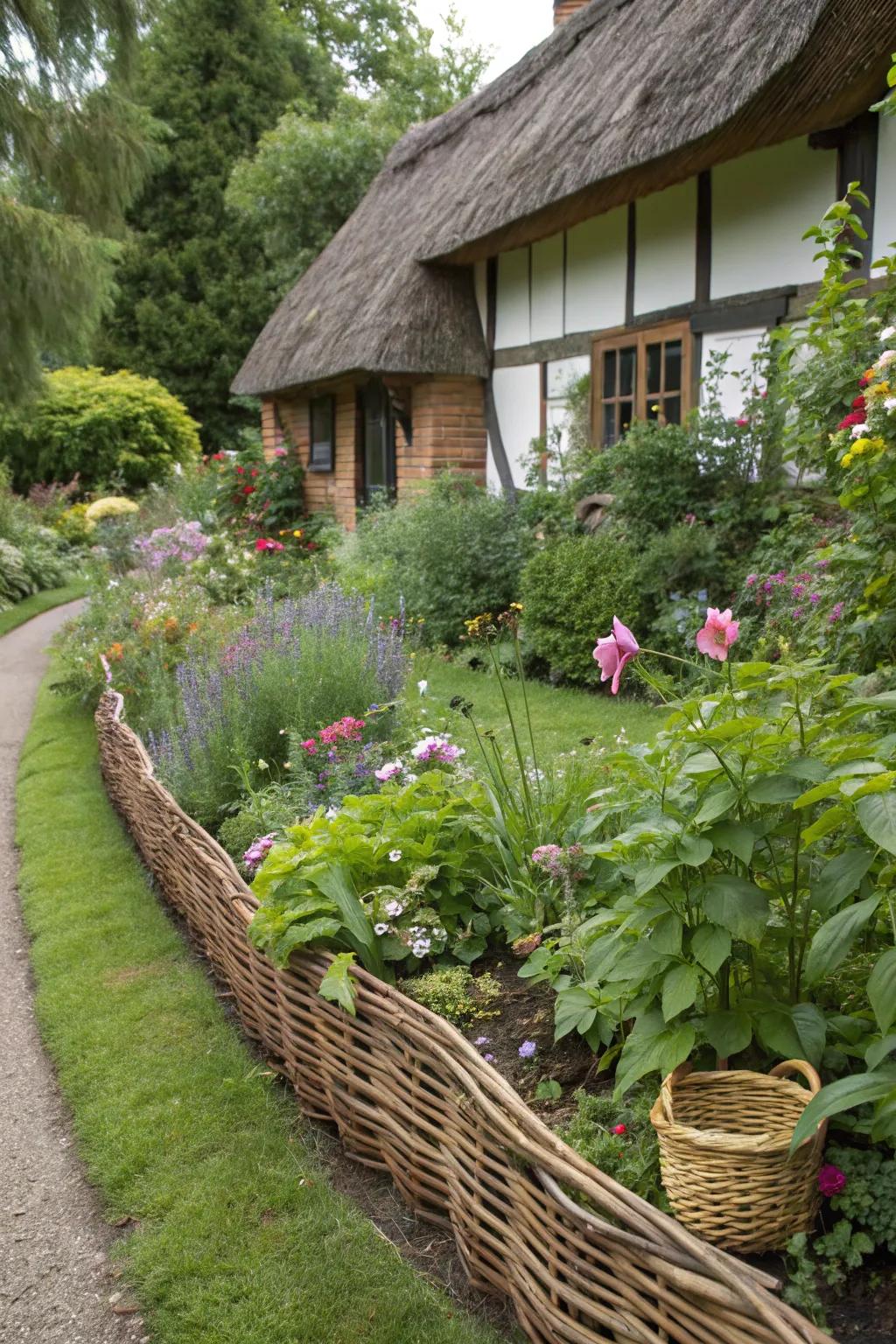 Woven reed branches offer a charming, cottage-esque flower bed border.