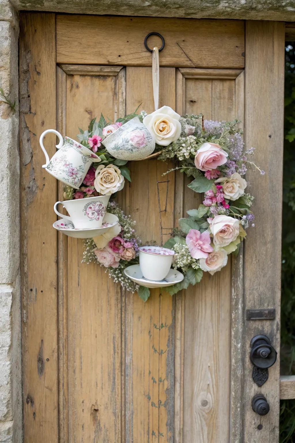 Recollect the epochs of yesteryear through a tea soirée-themed wreath.