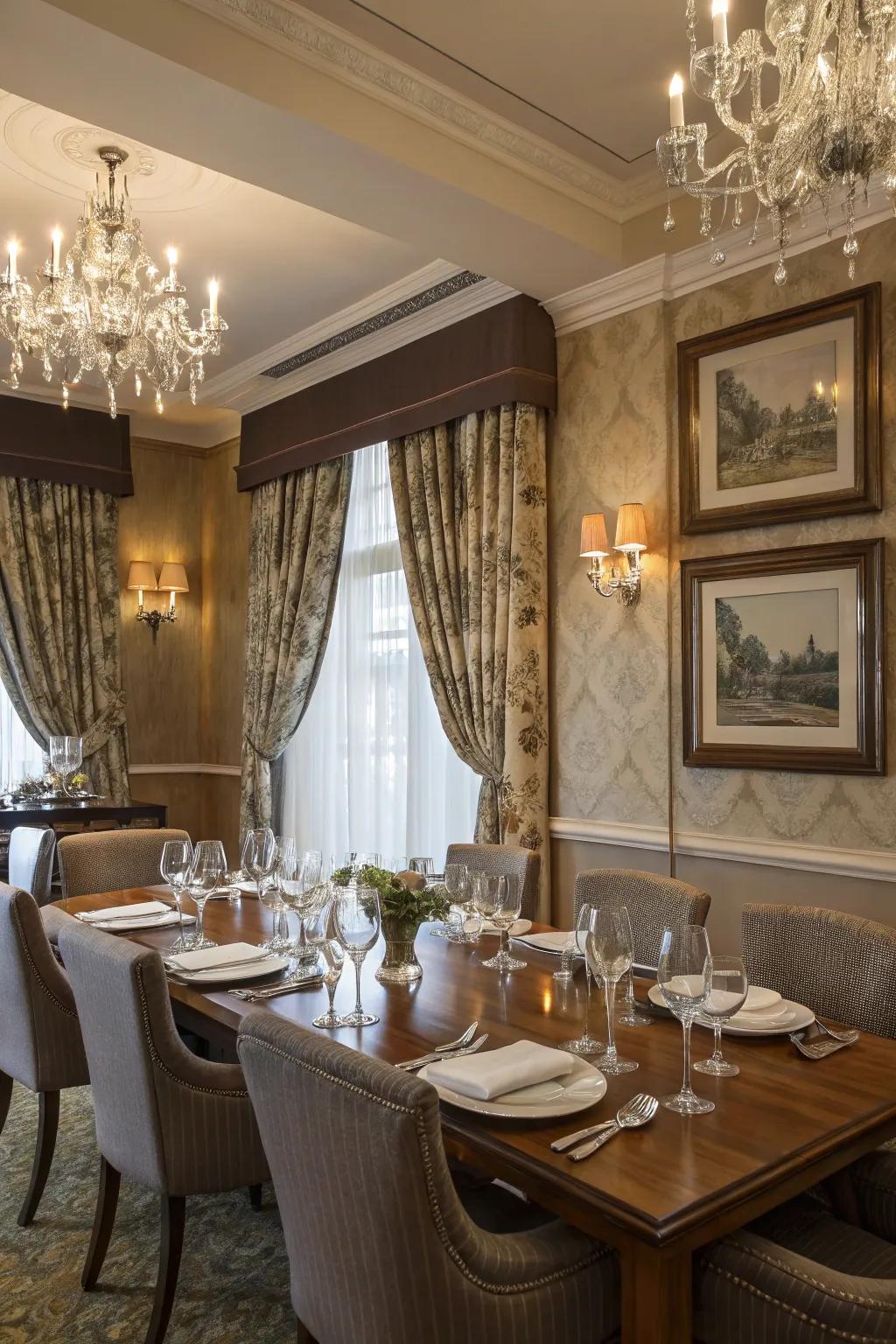 French pleat curtains add sophistication and elegance to this dining room.