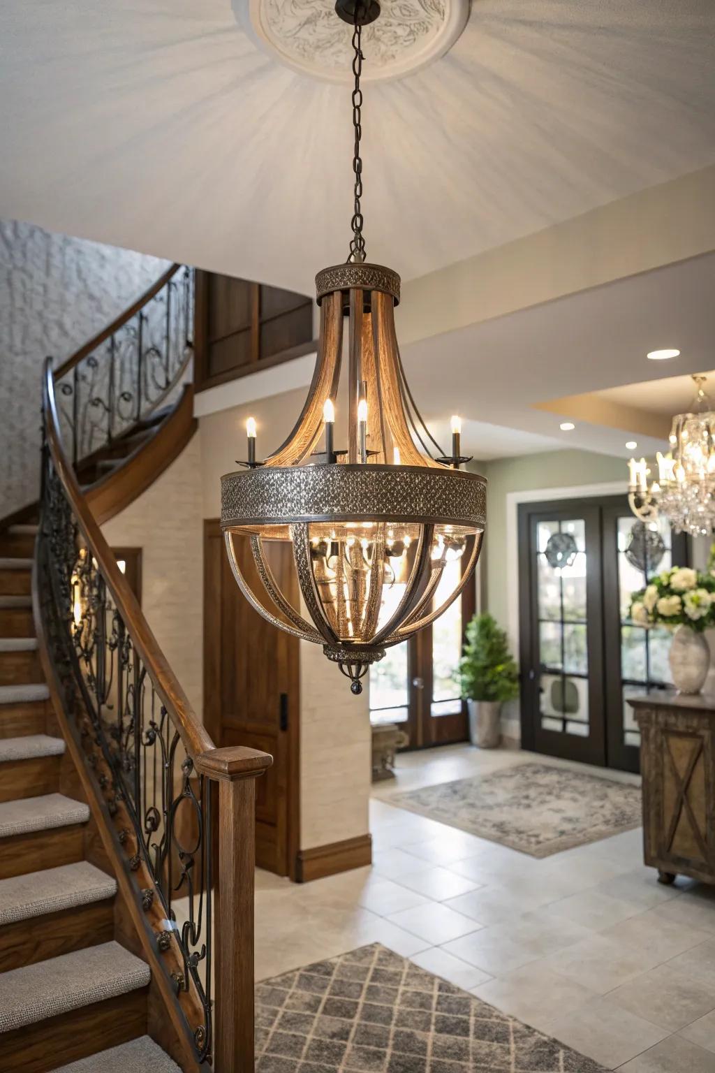 A mixed-material chandelier bridges styles in this transitional foyer.