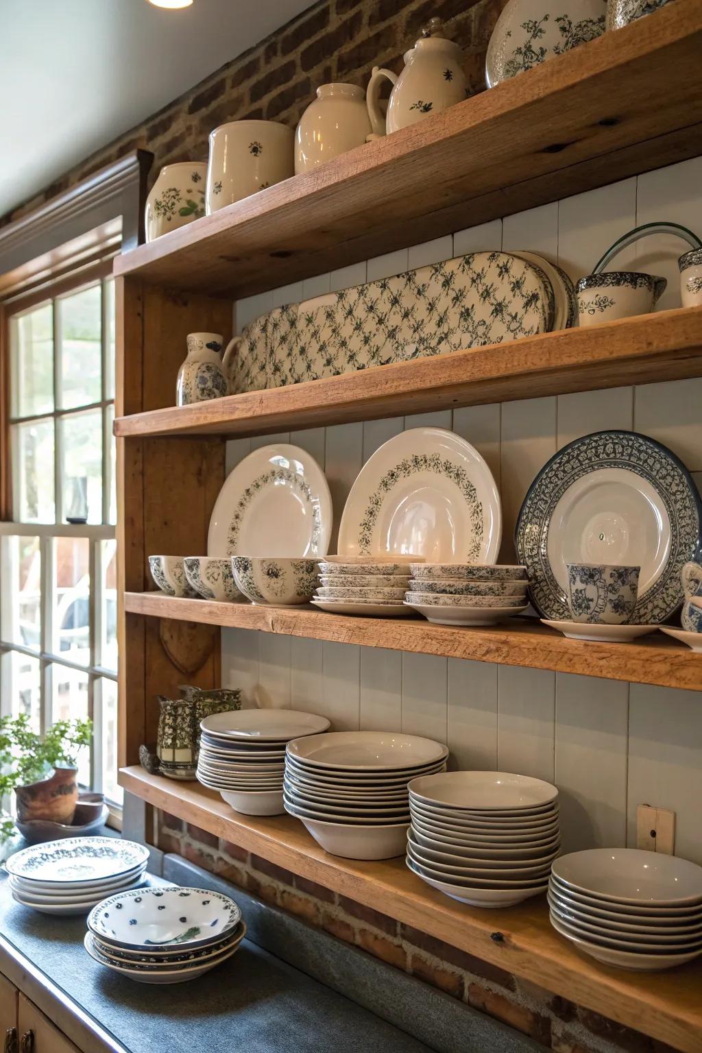 Ironstone dishes adding charm to open kitchen shelving.