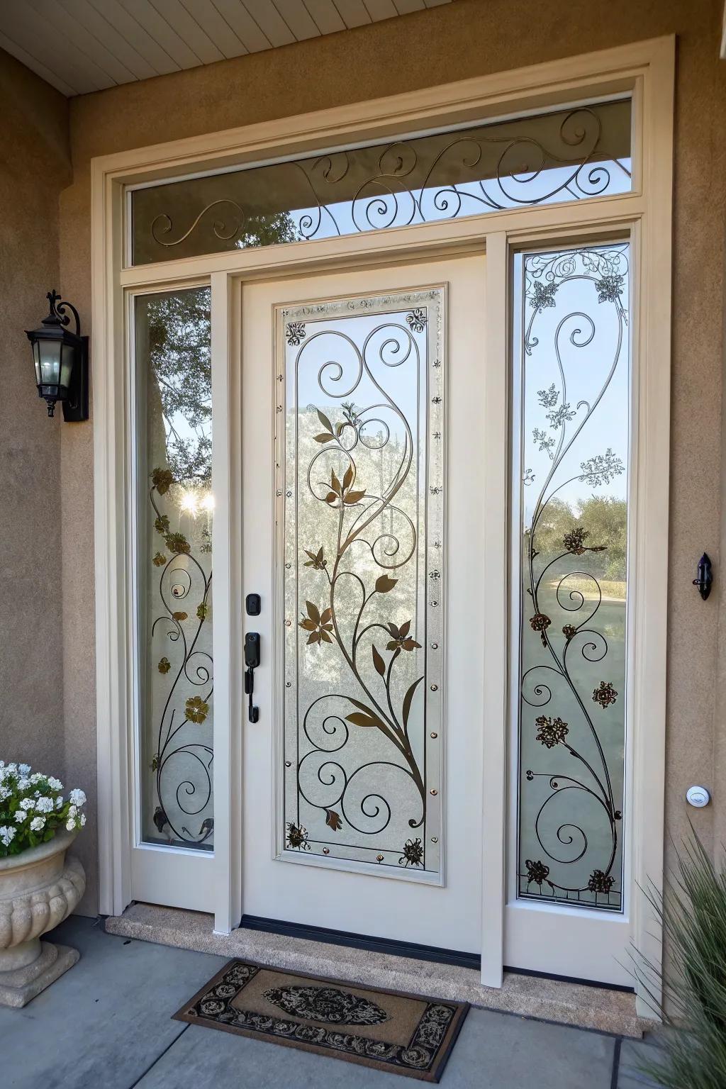 A front door that has custom glass paint for a personalized privacy solution.