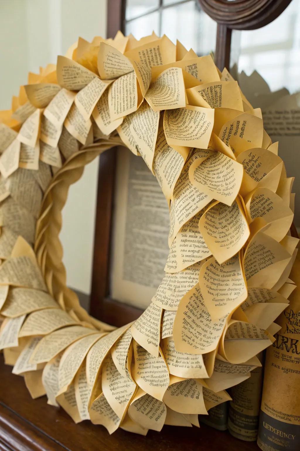 A vintage book page wreath, whispering literary charm and artistic elegance at your entrance.