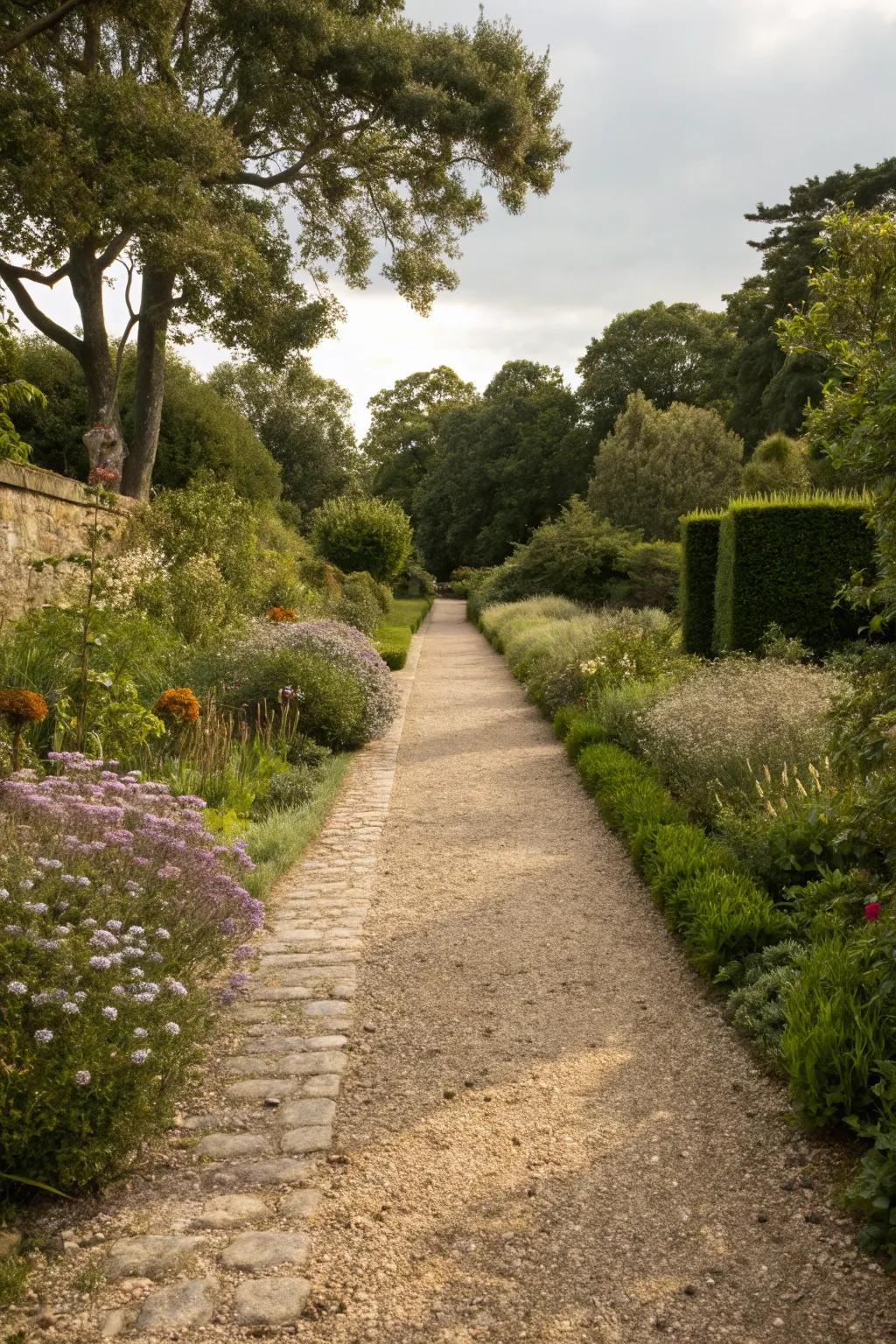 A charming pebble walkway mingling effortlessly into the natural landscape.