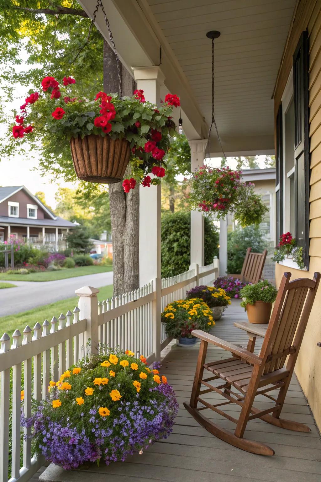 Overhanging baskets provide a splash of color and elevate garden aesthetics.