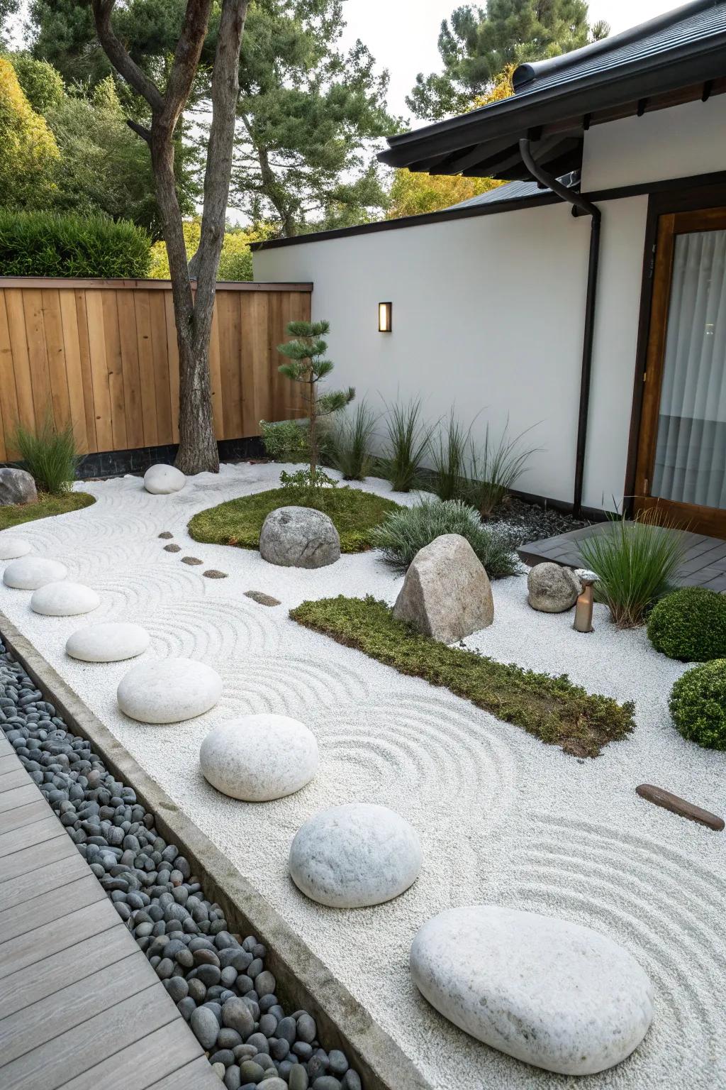 Find peace in a Zen garden with ivory stones.