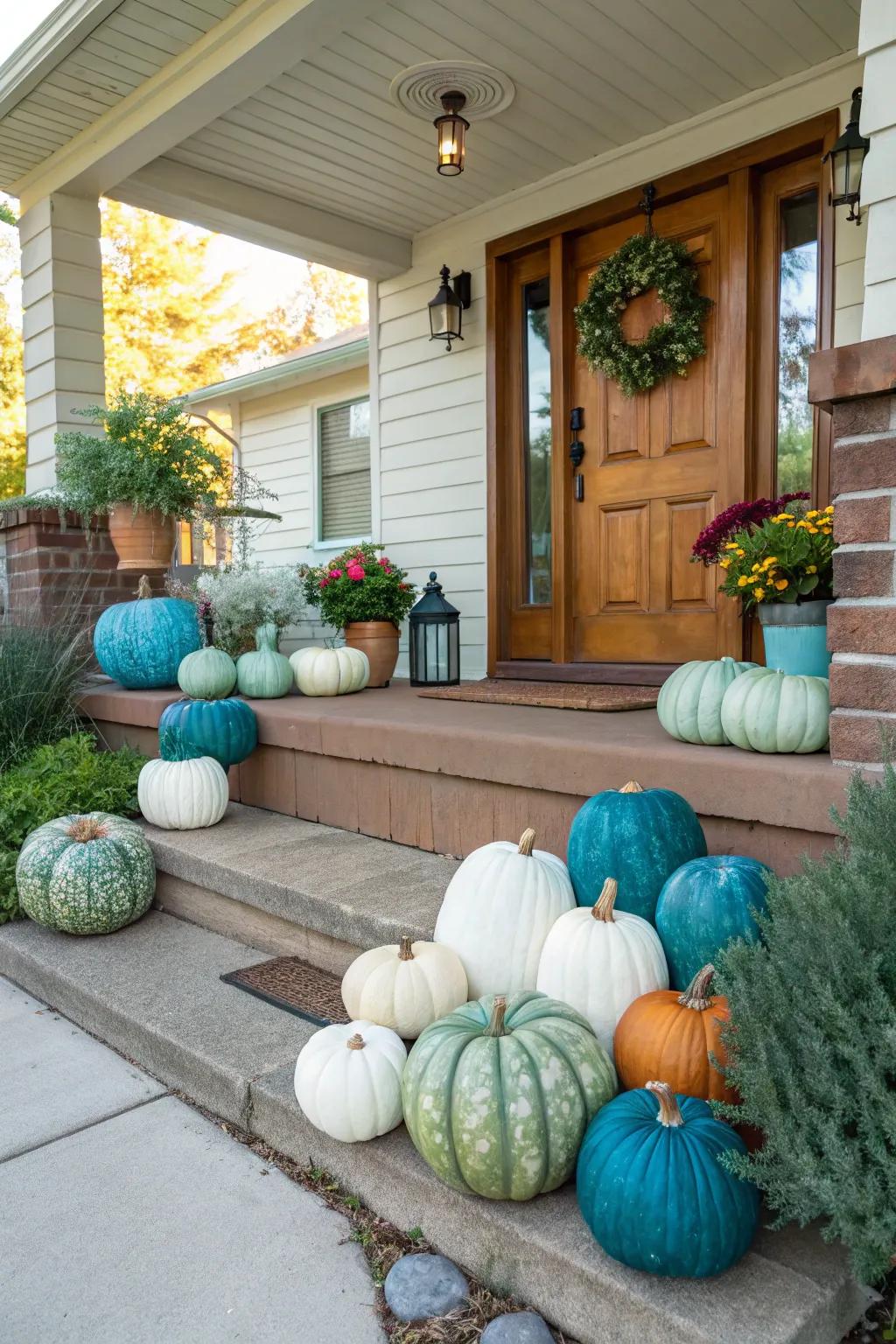 Unforeseen shades contribute a modern twist to traditional gourd décor.