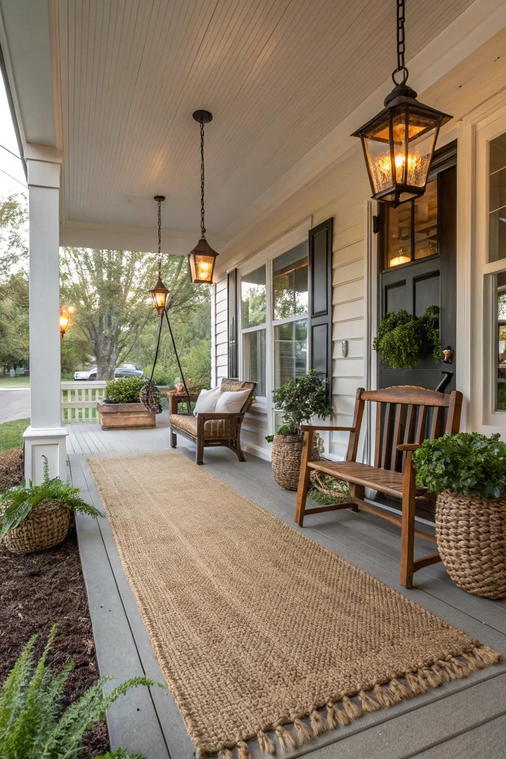 Natural fiber floor coverings present rustic charm and texture.