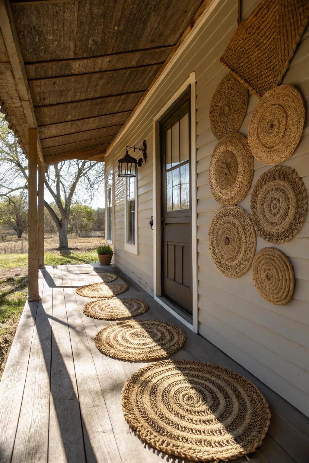 Braided straw mats providing filtered sun protection.