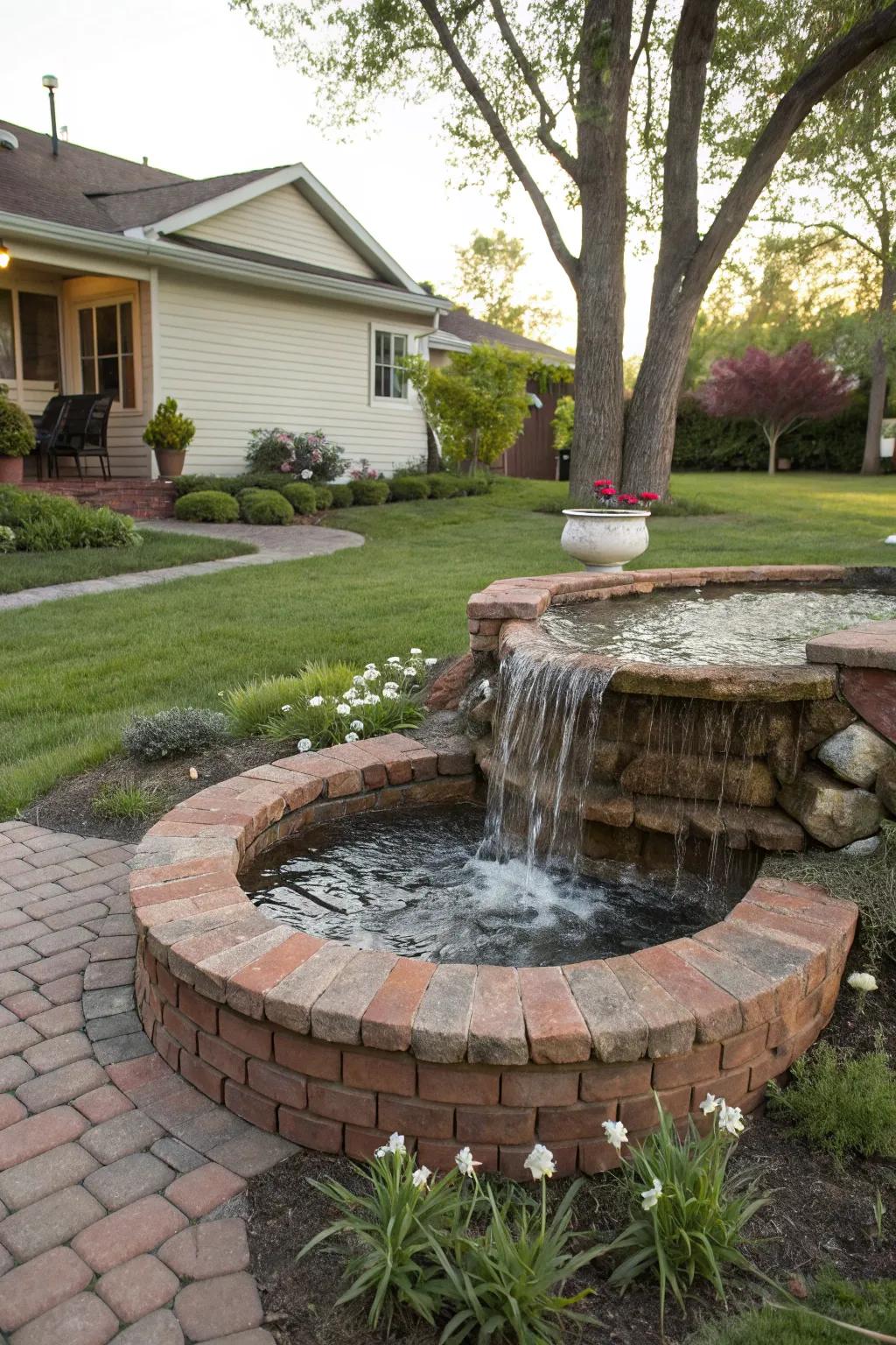 A brick water feature adds a calming effect to the garden.