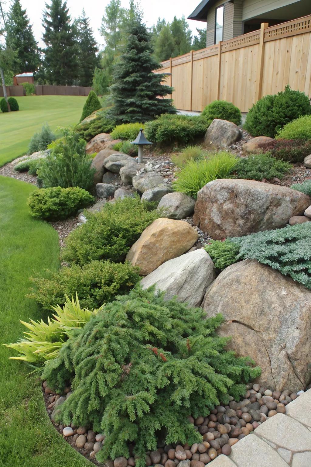 A rock garden with evergreens provides texture and interest.