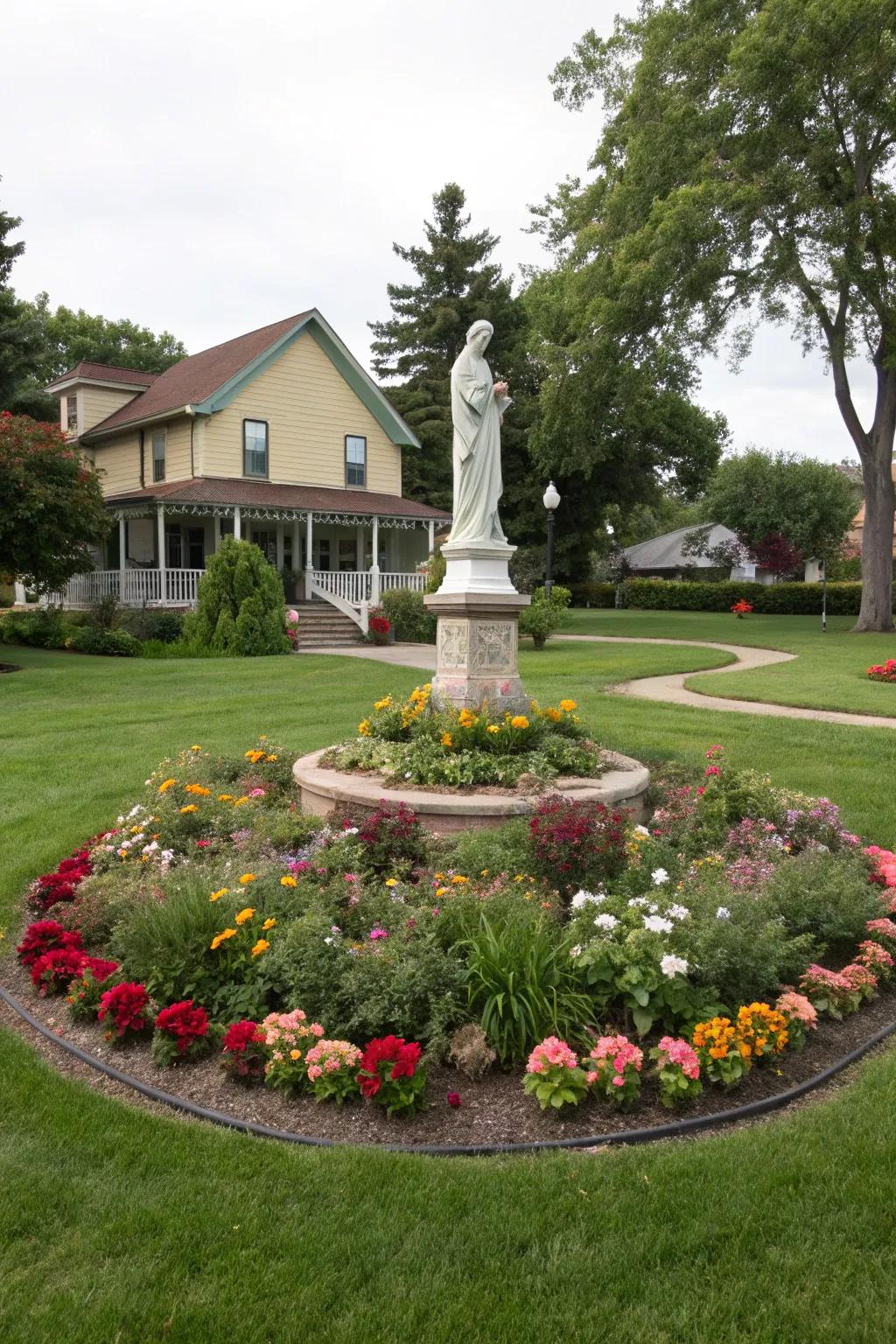 Circular beds with focal points can form an impactful garden feature.