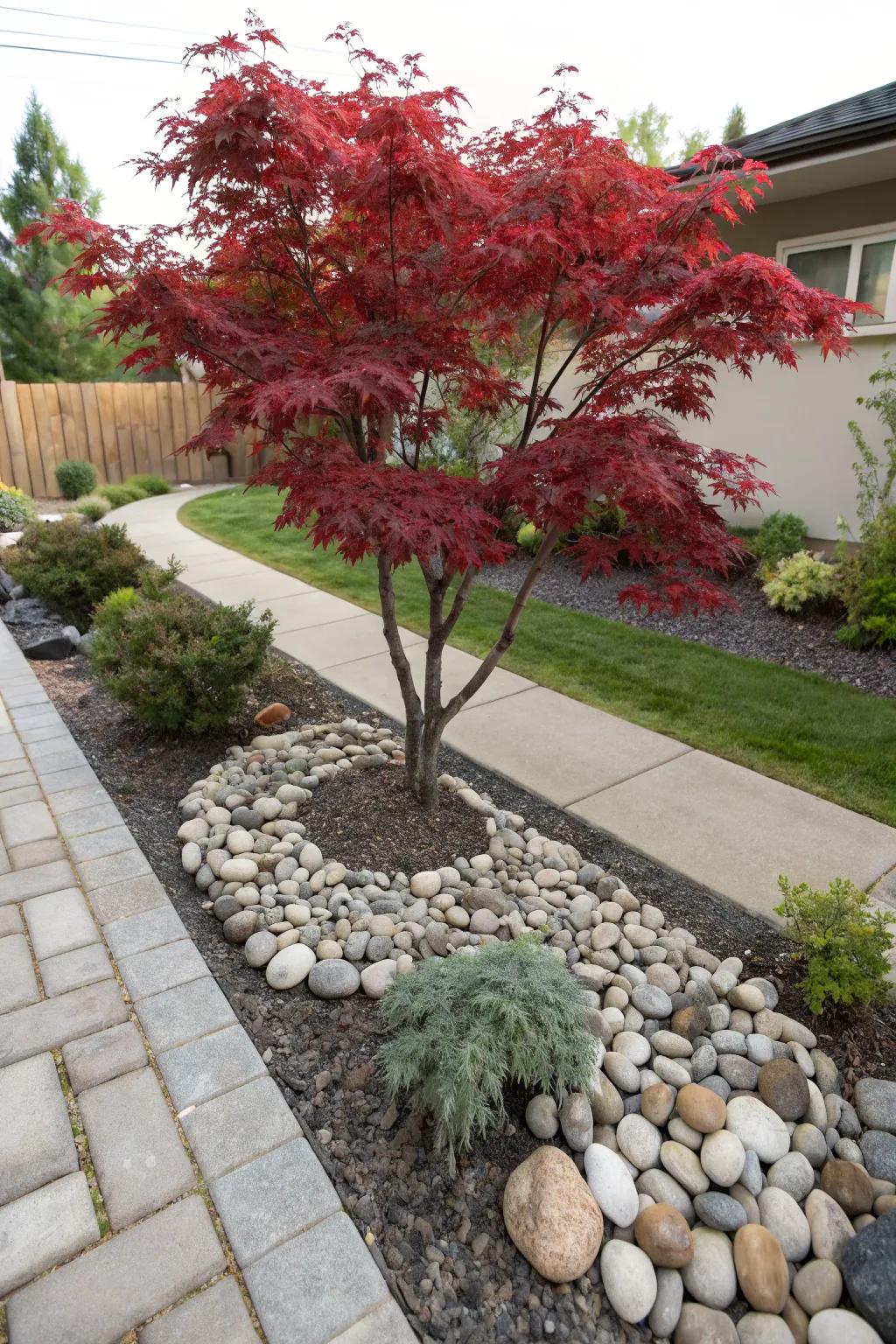 Ornamental stones enrich the zen-like ambiance surrounding the Japanese maple.