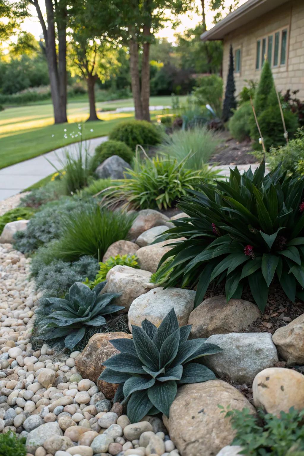 Shadowy verdant vegetation contrasting with stones in a visually striking garden design.