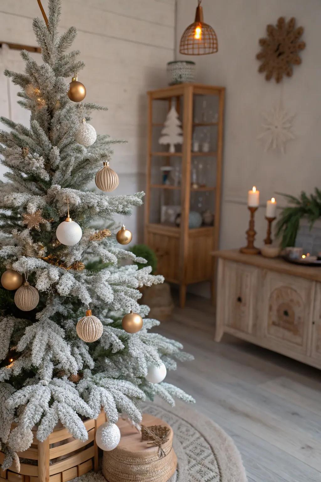 Scandinavian simplicity shines with timbered and snow decorations.