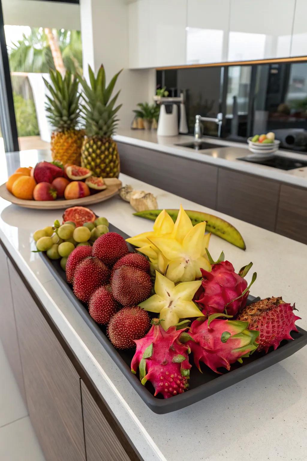 An exotic fruit display that introduces new flavors and textures.