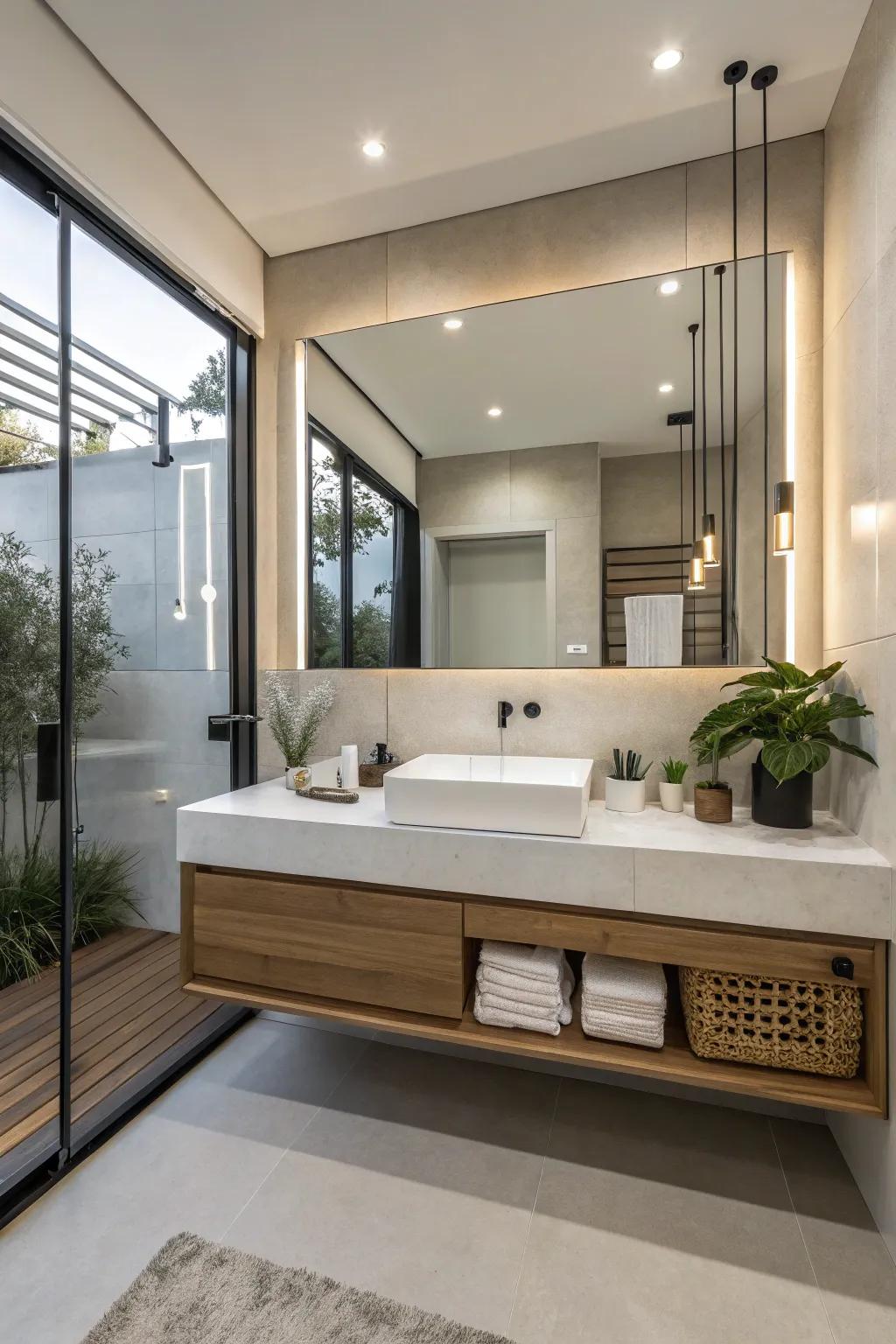 A wall-hung sink and cabinet introduces modern charm and evokes a sense of spaciousness.