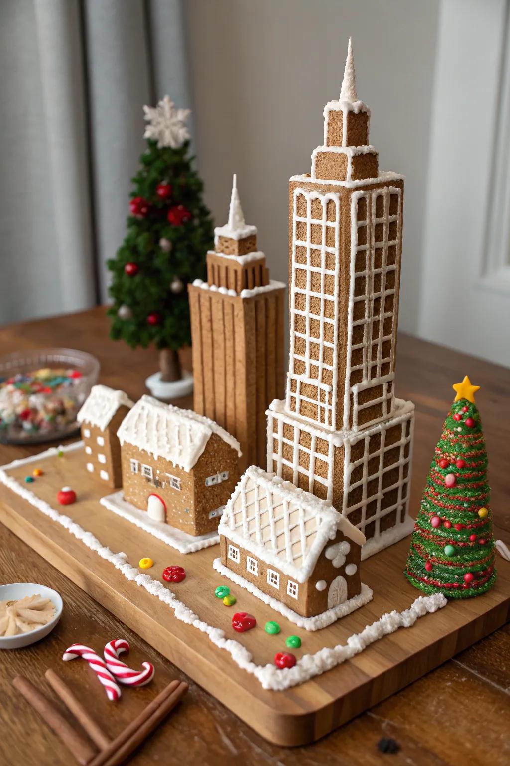 A scaled urban landscape gingerbread framework