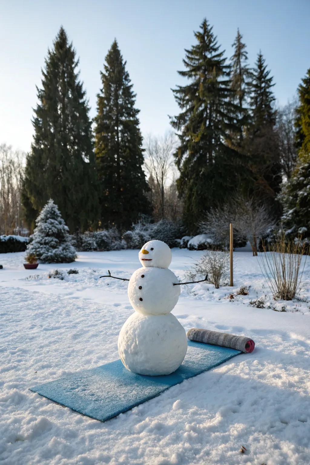 A snow figure finding balance in the chilly weather.