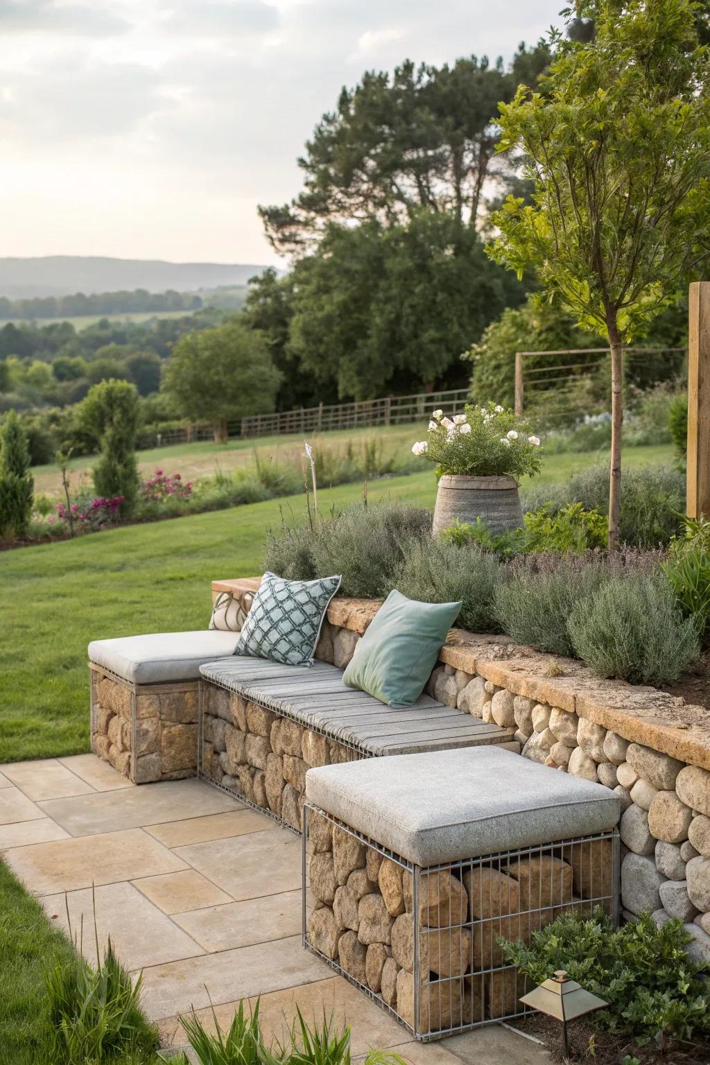 Create a stylish seating area with gabion benches.