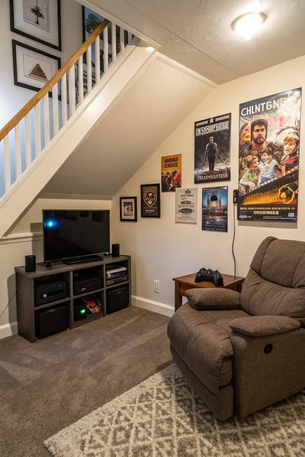 A gaming hideaway under the stairs maximizes space creatively.