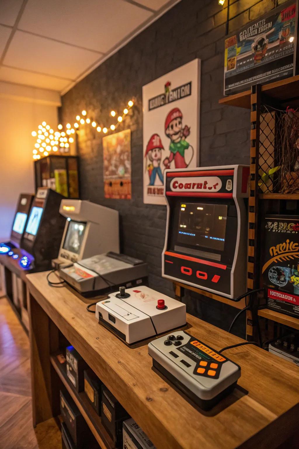 Retro gaming zones evoke memories within your layout.