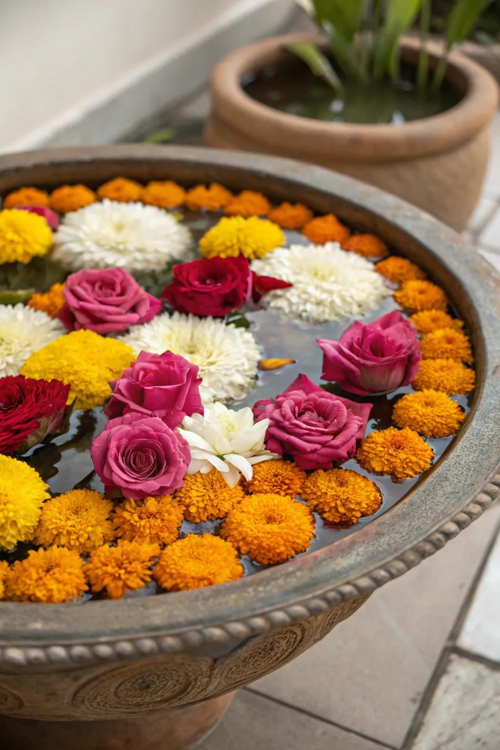 A serene centerpiece consisting of suspended blossoms in an ornamental basin for the festival.