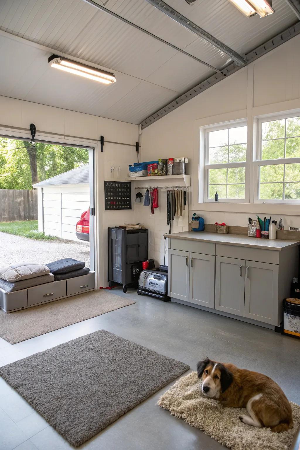 A garage space made for pet care and comfort.