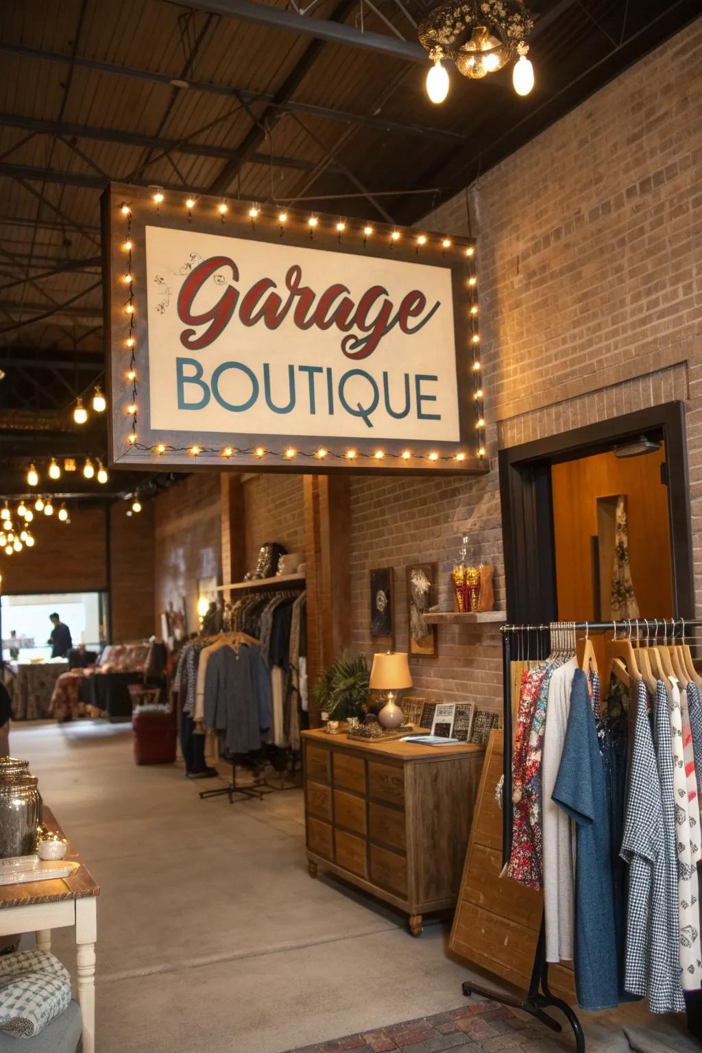 Personalized signs provide a branded feel inside a garage boutique.