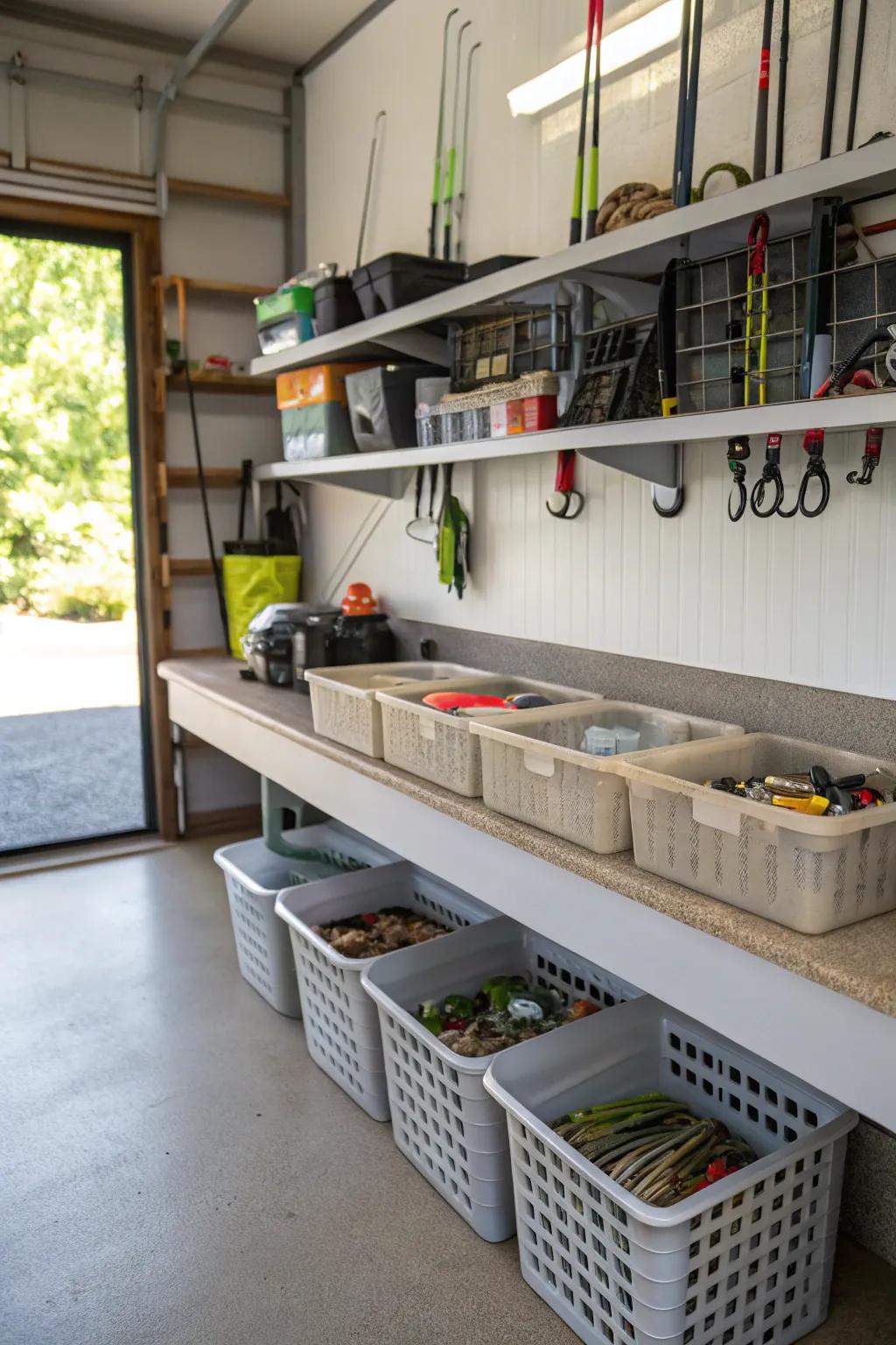 Baskets provide storage for small fishing things in the garage.