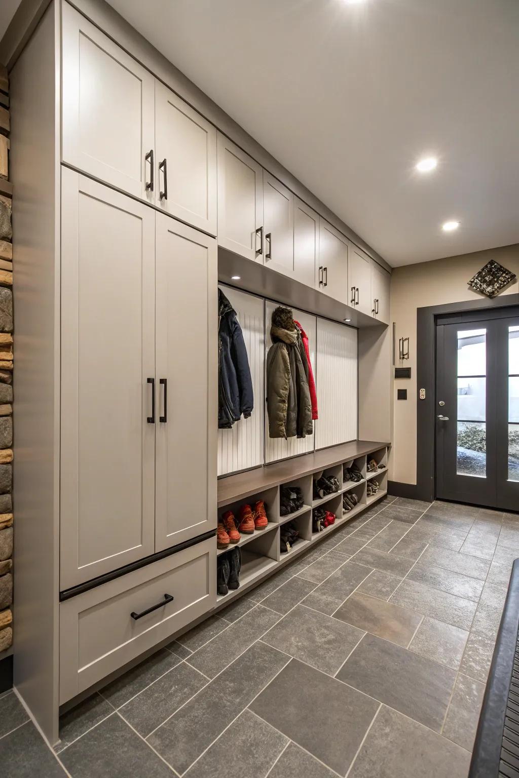 Concealed storage cupboards maintain the mudroom uncluttered and sleek.